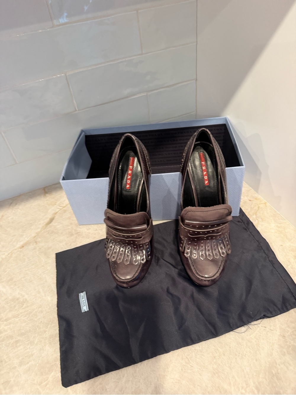 Prada Brown/ gray Leather Kiltie Fringe Loafers - Picture 3 of 7